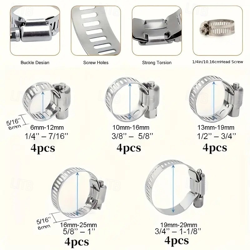 20pcs Stainless Steel Worm Gear Tube Clamps – Adjustable 1/4" to 1-1/8" (6-29mm), Durable Metal Hose Clamps for Radiator Hoses, Pipes, and Fuel Lines3