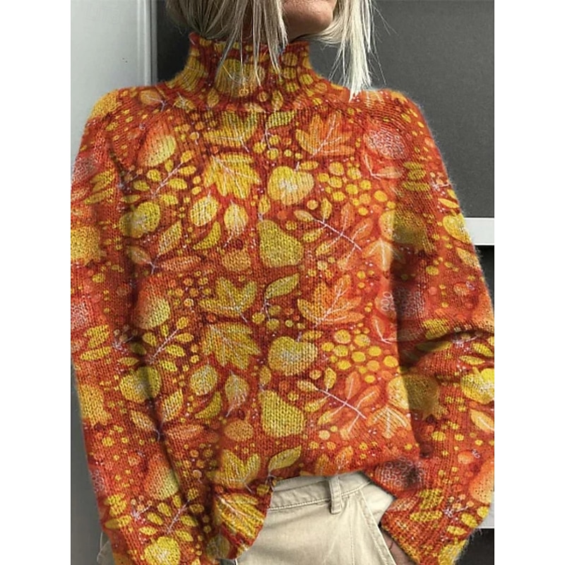 Women's Pullover Vacation Daily Floral Ribbed Turtleneck Knitted Print Long Sleeve Regular Tops Knit Outdoor Daily Holiday Black White Fall Winter3