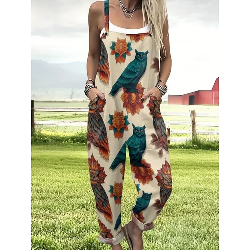 Women's Dungarees Active Floral Sleeveless Sleeveless Straight Square Neck Pocket with Pocket Vacation Daily Loose Fit White Pink Green Summer4