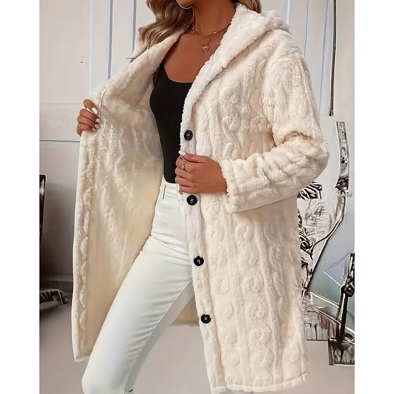 Women's Coat Faux Fur Coat Warm Comfortable Buttons Casual Plain Outdoor Daily Wear Going out Casual Daily Single Breasted Long Hooded Regular Fit Long Sleeve Outerwear Beige Winter