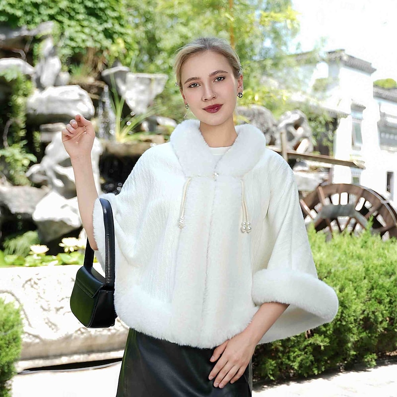 Cape Pure Keep Warm Sleeveless Batwing Sleeve Polyester Wedding Wraps With Imitation Pearl For Special Occasion Fall & Winter