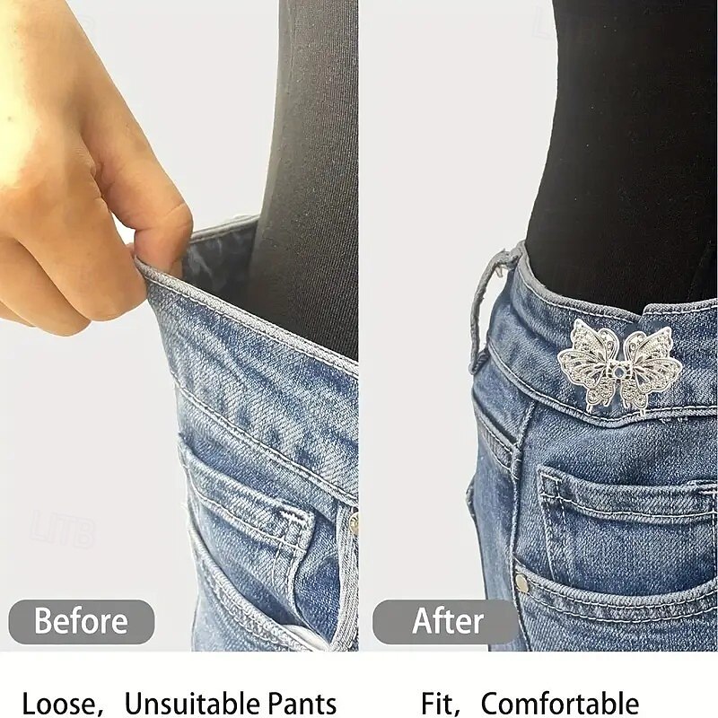 4 Pairs Adjustable Jeans Waist Extender Clips, Seamless No-Tool Pants Waist Tighteners, Instant Butterfly Pin Buckles for Loose Jeans4