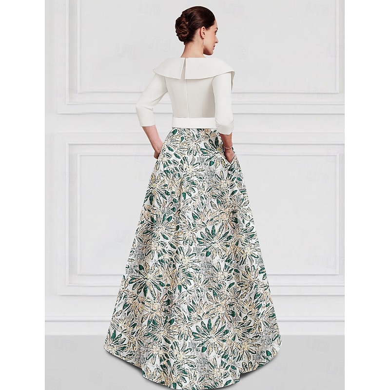 Floral Jacquard A-Line Evening Gown Elegant High-low Dress Stretch Satin Formal Wedding Floor Length Half Sleeve V Neck 20254