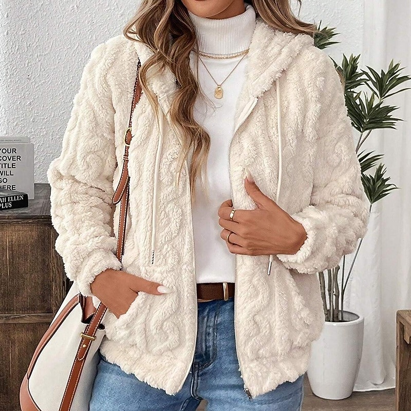 Women's Fleece Jacket Thick Warm Drawstring Long Sleeve Sports Solid Color Top For Outdoor Travel Vacation Activewear