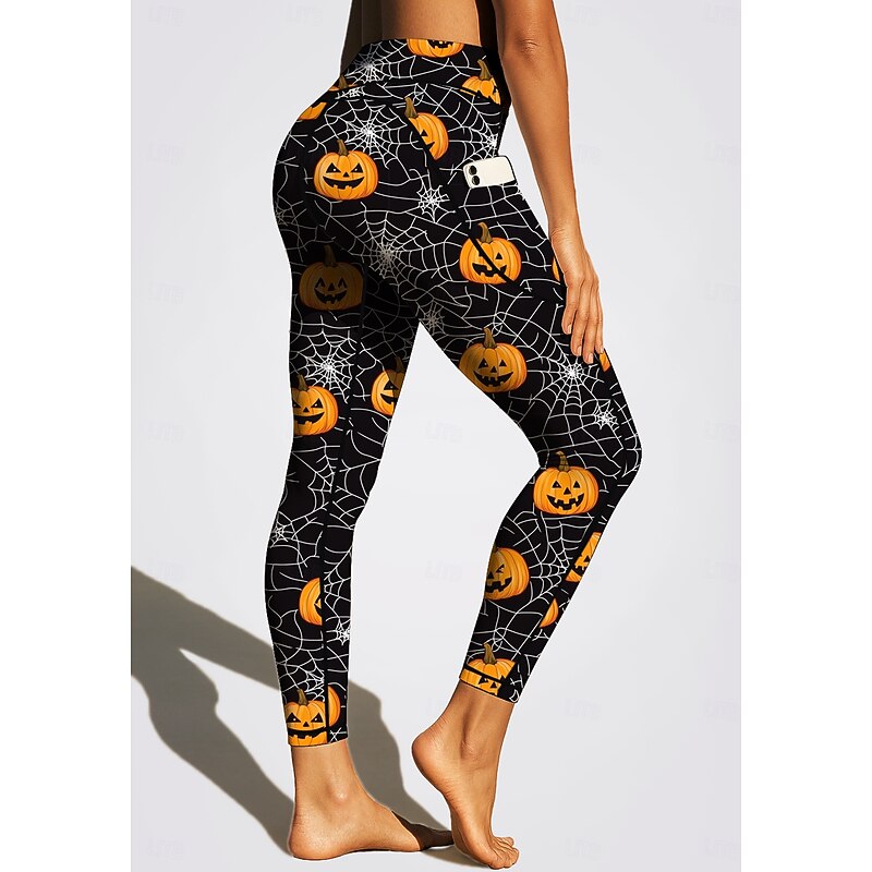 Women's pilates leggings fitness pants Gym Leggings Pockets Stamp Duty Side Pockets Pilates Gym Gym Workout Pants Tights Leggings Graphic Halloween Black / Orange Sports Activewear Stretchy Tight Fit2