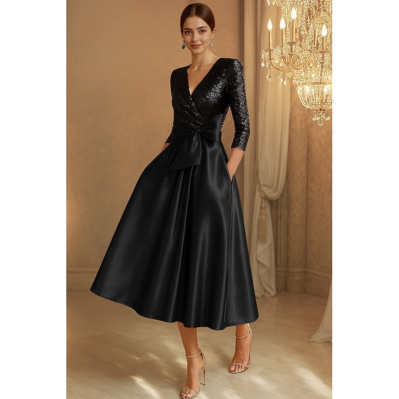 Black Tie A-Line Sequin Cocktail Dresses Elegant Dress Formal Wedding Tea Length 3/4 Length Sleeve V Neck Stretch Satin with Bow(s) 2025