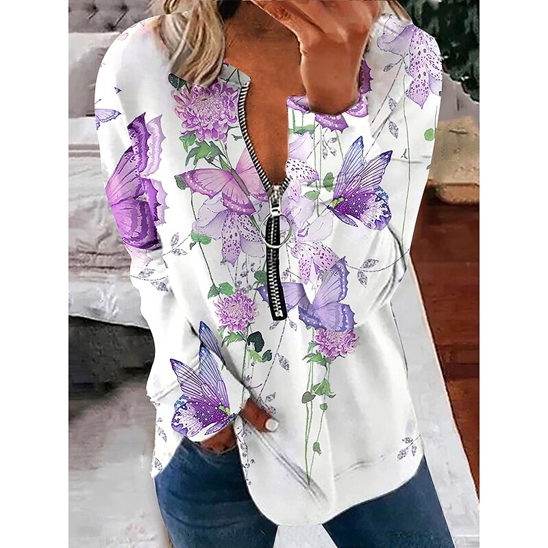 Women's Pullover Sweatshirt Zip Up Sweatshirts Floral Graphic Butterfly Fashion Casual Long Sleeve Crew Neck V Neck Regular Tops Street Dailywear Zipper Print Pink Purple Light Blue Fall Winter