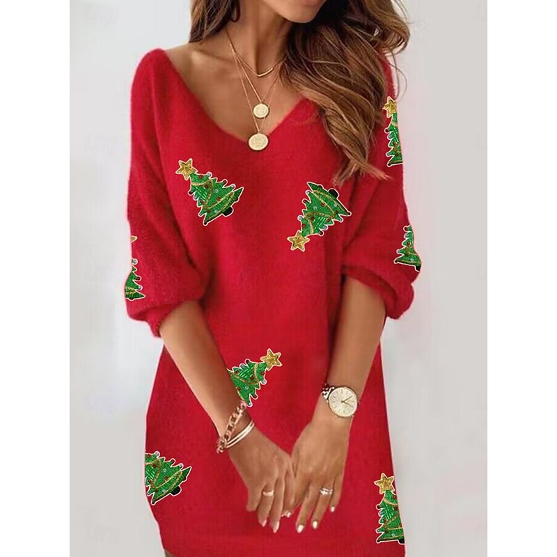 Women's Mini Dress Christmas Dress Casual Dress Winter Dress Shift Dress Fashion Modern Christmas Daily Beach Regular Fit Tree Long Sleeve V Neck Red Summer Spring Fall Autumn