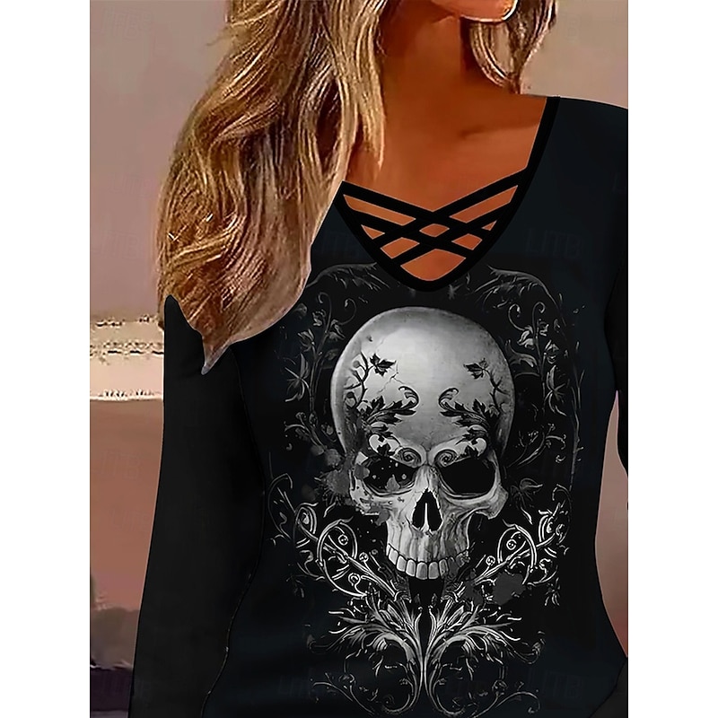 Halloween Women's T Shirt Skulls Graphic Vintage Stylish Classic Long Sleeve V Neck Regular Tops Daily Tassel Tie Print Black Fall Winter3