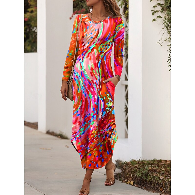 Women's Maxi Dress Sheath Dress T Shirt Dress Tee Dress Vacation Casual Daily Regular Fit Graphic Geometric Abstract Long Sleeve Crew Neck Red Blue Purple Green Summer Spring Fall3