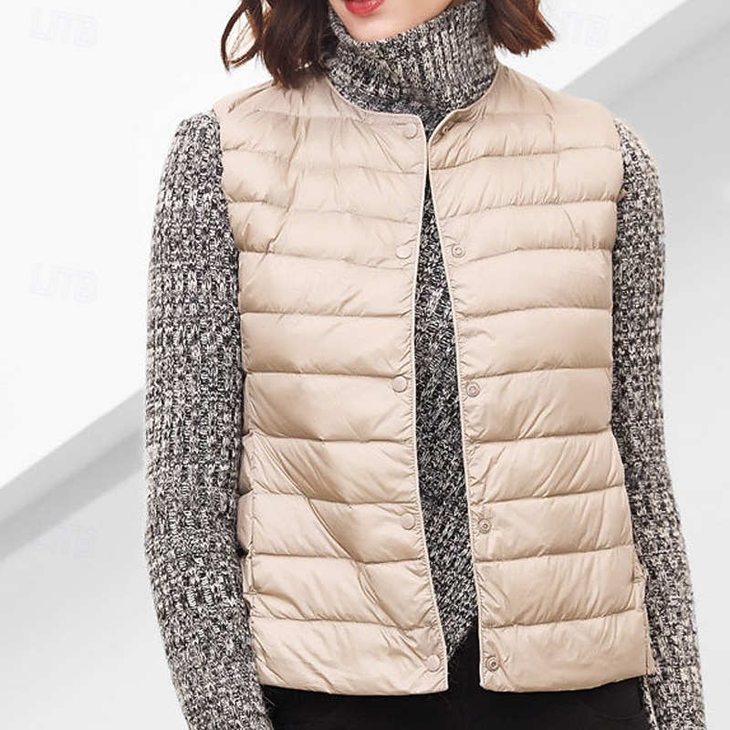 Women's Vest Warm Comfortable Pocket Buttons Casual Plain Holiday Going out Casual Daily Weekend Single Breasted Regular Crewneck Regular Fit Sleeveless Outerwear Black Khaki Beige Fall Winter