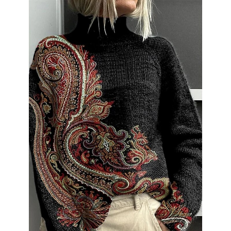 Women's Pullover Vacation Daily Floral Ribbed Turtleneck Knitted Print Long Sleeve Regular Tops Knit Outdoor Daily Holiday Black White Fall Winter