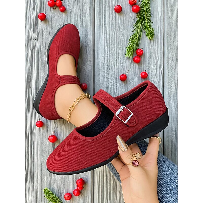 Women's Red Mary Jane Flats with Adjustable Buckle Strap, Comfortable Non-Slip Sole Casual Wear and Festive Christmas Outfits2