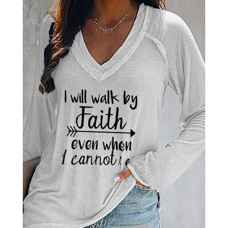 Women's T Shirt Letter Casual Long Sleeve V Neck Regular Tops Daily Weekend Print Black White Pink Orange Gray Fall2