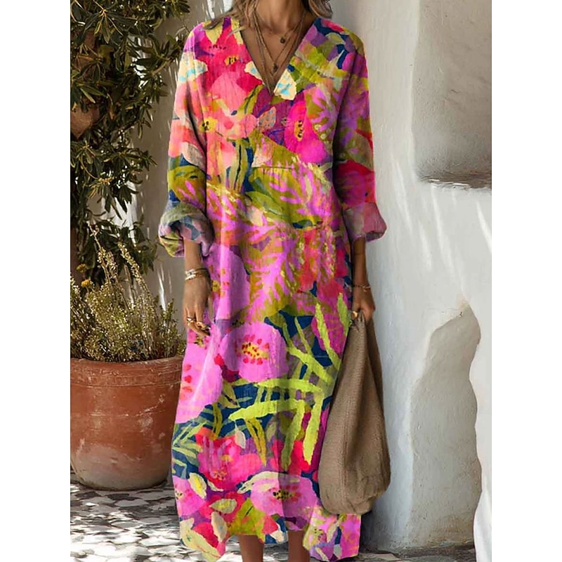Women's Maxi Dress Sundress A Line Dress Vacation Casual Boho Party Holiday Beach Regular Fit Floral Graphic Geometric Long Sleeve V Neck Black Pink Red Blue Summer Spring Fall2