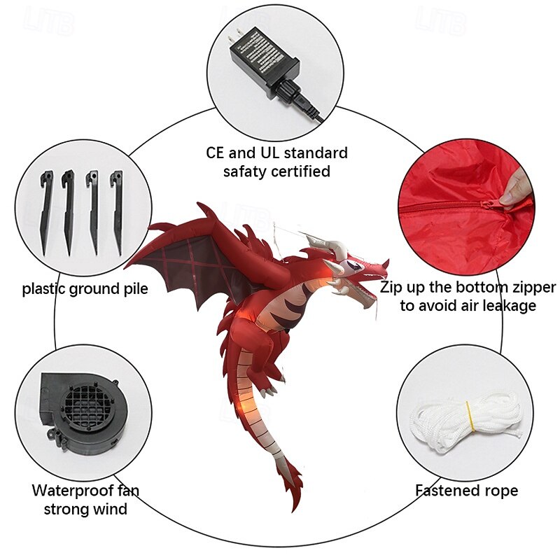 1 Pc 1.5M/5FT Halloween Inflatable Dinosaur Air Model LED Light Emitting Pendant Flame Flying Dragon American Courtyard Party Ornament US/EU/UK/AU Plug3