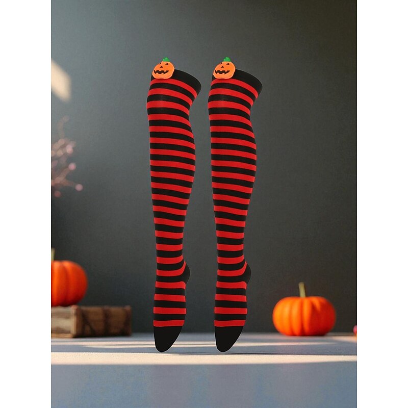 Women's Halloween Over-the-Knee Socks - Striped Cotton Long Stockings with Cute Pumpkin Decoration, Fun and Comfortable Novelty Hosiery for Costume Parties, Cosplay, and Holiday Events3