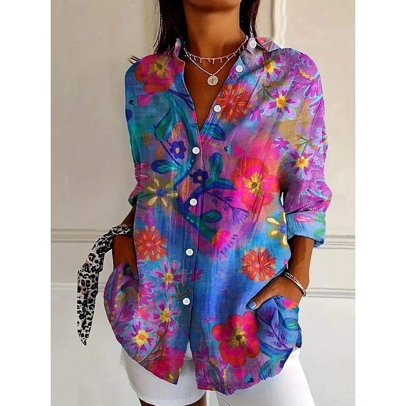Women's Shirt Button Down Tunic Shirt Collar Long Sleeve Floral Graphic Vintage Tropical Stylish Regular Tops Work Daily s Print Fuchsia Spring Fall Winter