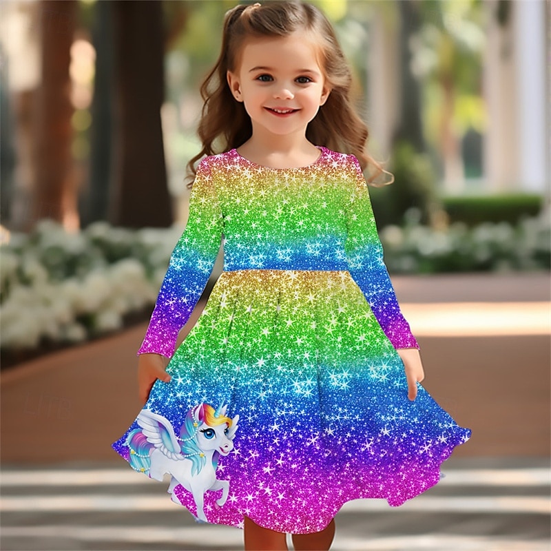 Girls' 3D Rainbow Unicorn Dress Long Sleeve Summer Spring Vacation Daily Holiday Princess Beautiful Sweet Kids 4-12 Years Casual Dress A Line Dress Knee-length Regular Fit - Main Image