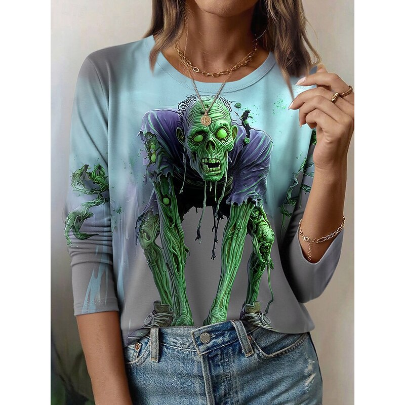 Halloween Women's T Shirt Skulls Graphic Vintage Fashion Stylish Long Sleeve Crew Neck Regular Tops Daily Weekend Print Yellow Blue Purple Green Summer Spring Fall3