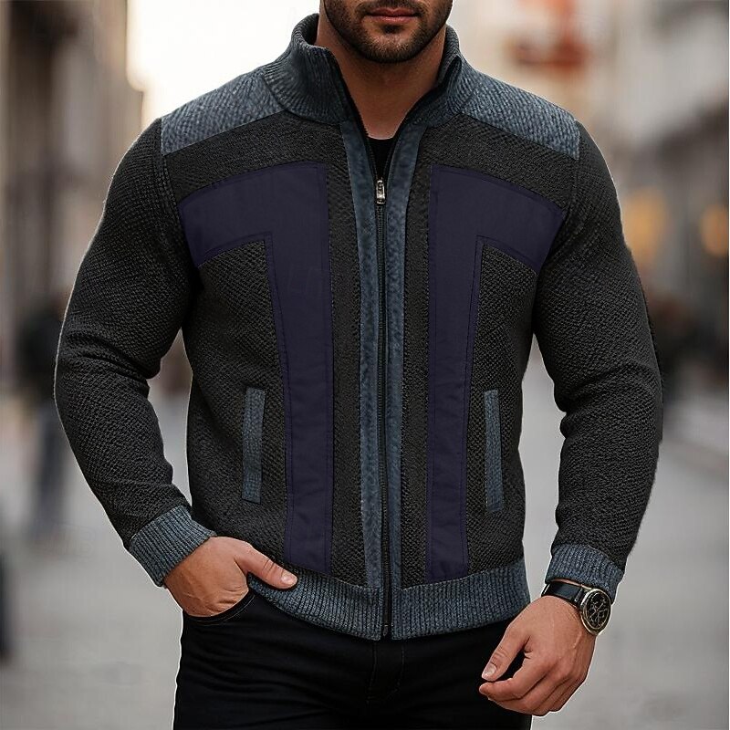 Men's Sweater Dress Sweater Cardigan Sweater Zip Sweater Knit Sweater Ribbed Knit Regular Tops Knitted Ribbed Plain Standing Collar Fashion Shawls Casual Daily Wear Clothing Apparel Fall Winter Navy4