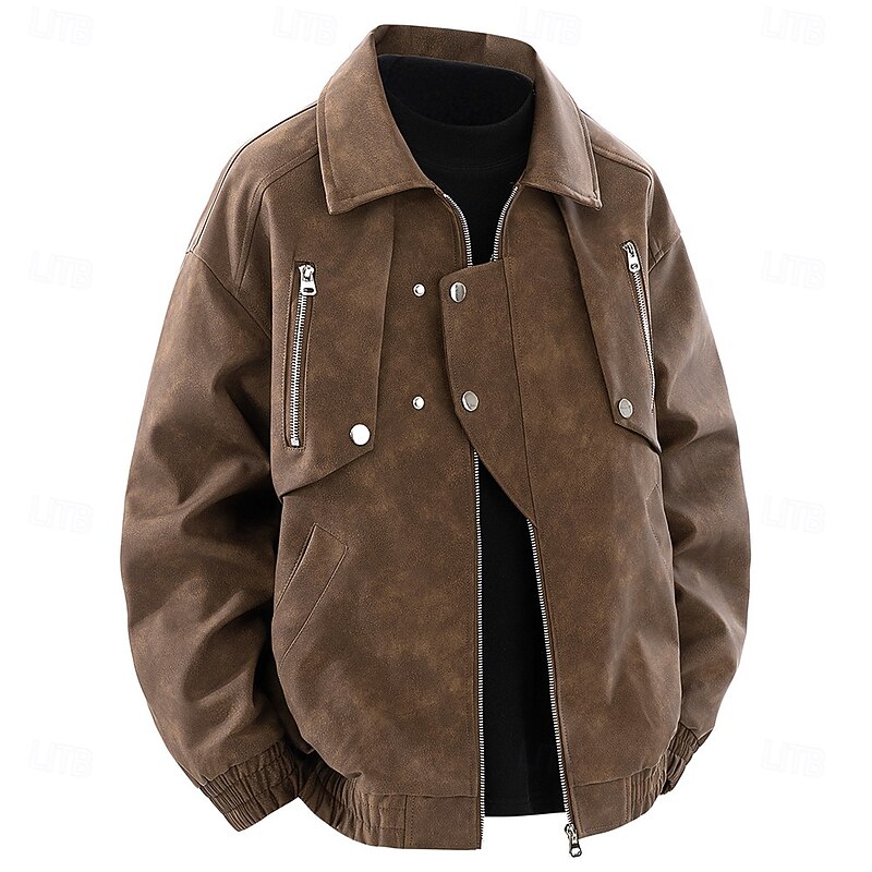 Men's Faux Leather Jacket Motorcycle Jacket Outdoor Casual Windbreaker Zipper Fall Winter Solid Color Punk Active Regular Black Brown Khaki Grey Jacket