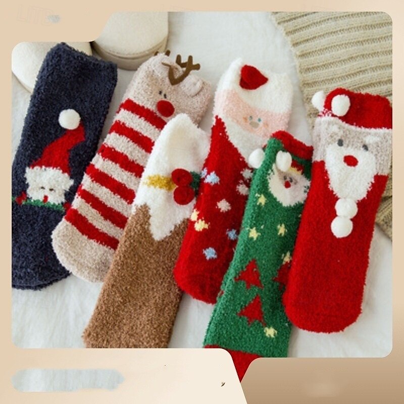 In-Stock Women's Slipper Socks, Cartoon Coral Fleece Plush Crew Socks, Mid-Calf Fluffy Floor Socks, Christmas Holiday Cross-Border Edition