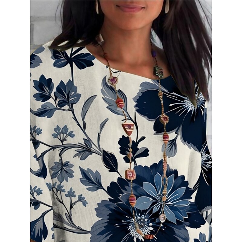 Women's Shirt Floral Daily Casual 3/4 Length Sleeve Crew Neck Regular Tops Daily Holiday Print Navy Blue Beige Summer Spring Fall2