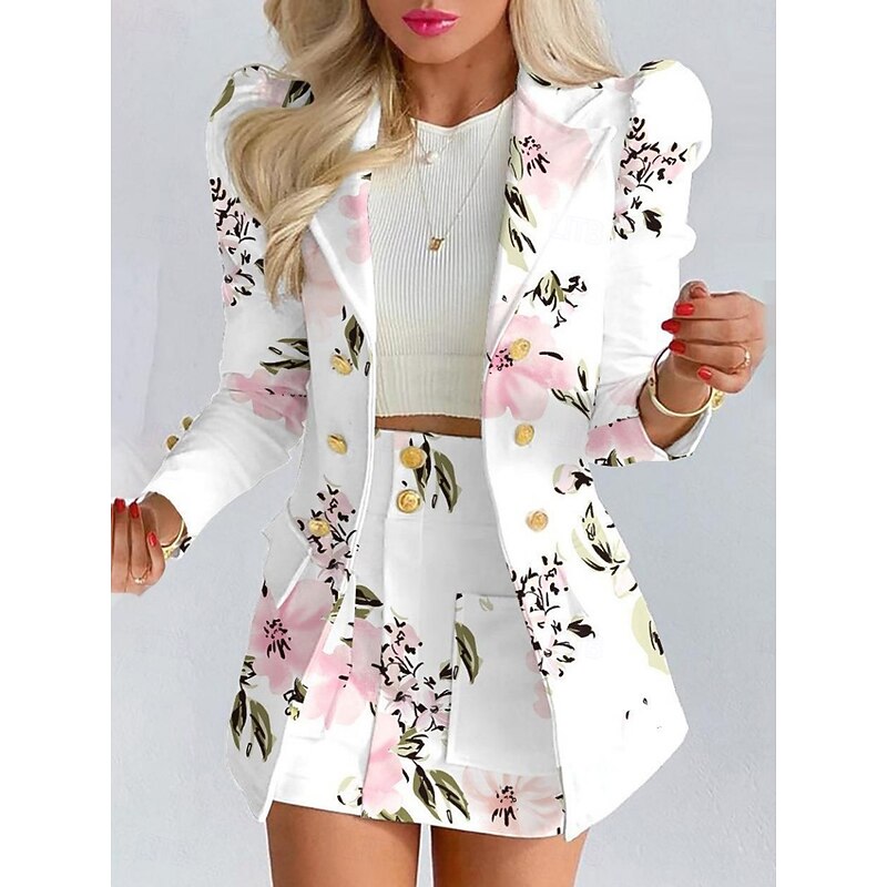 Women's Suits Blazer Comfortable Breathable Pocket Print Fashion Casual Floral Office Street Casual Daily Wear Single Breasted Short Turndown Regular Fit Long Sleeve Outerwear Black White Yellow2