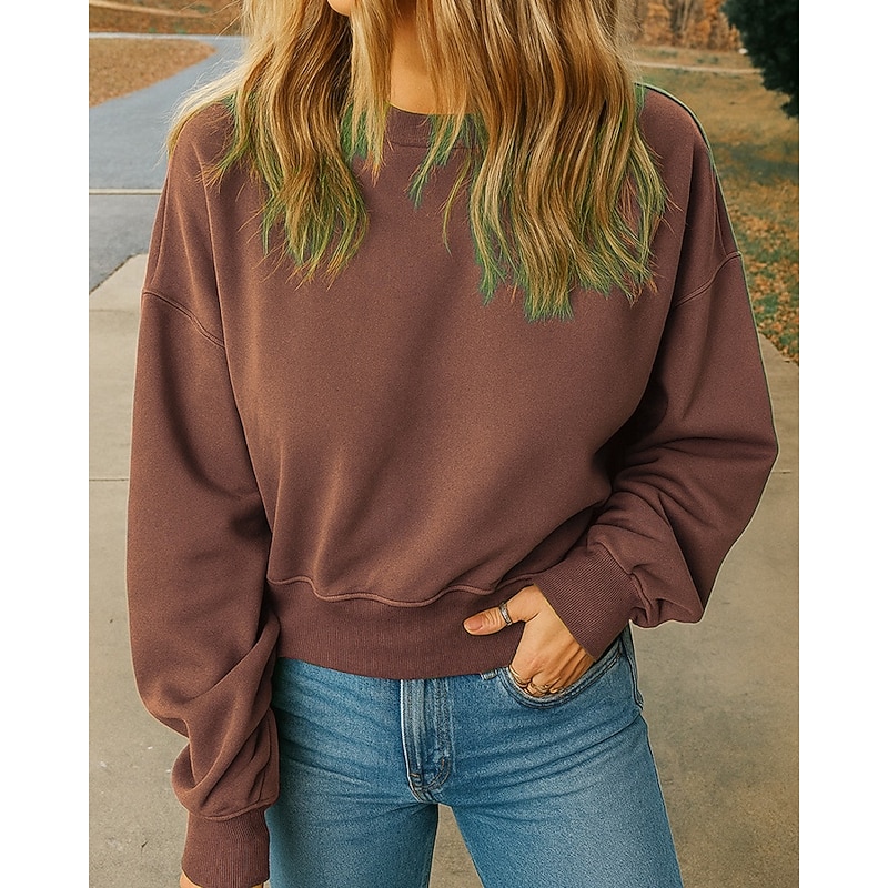 Women's Pullover Sweatshirt Plain Casual Long Sleeve Round Neck Regular Tops Street Holiday Going out Navy Blue Purple Brown Green Dark Gray Fall3