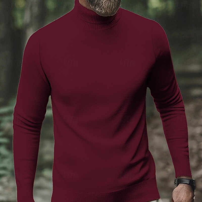 Men's Pullover Sweater Jumper Knit Sweater Ribbed Knit Regular Tops Knitted Plain Turtleneck Fashion Basic Vacation Daily Wear Clothing Apparel Fall Winter Camel Wine S M L3