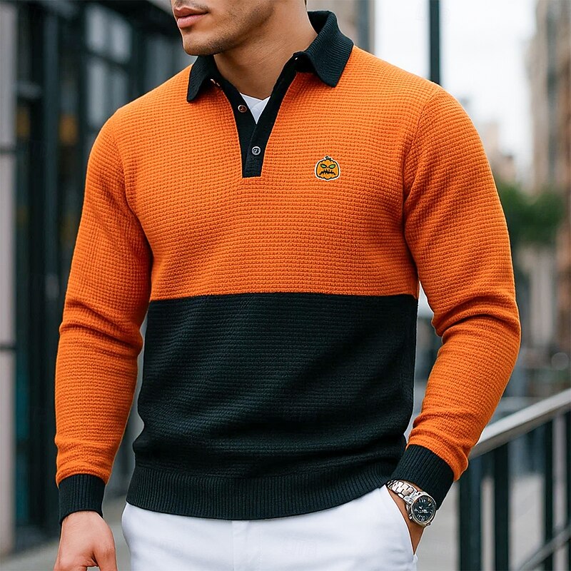 Men's Waffle Polo Shirts Polo Shirts Vacation Casual Ribbed Polo Collar Long Sleeve Fashion Pumpkin Color Block Buttons Fall Spring &  Fall Regular Fit Orange / Black Waffle Polo Shirts