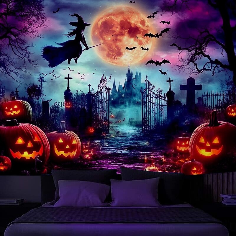 Halloween Hanging Tapestry Photograph Backdrop Jack O Lantern Wall Art Large Tapestry Mural Decor Blanket Curtain Home Bedroom Living Room Decoration Death Selfie