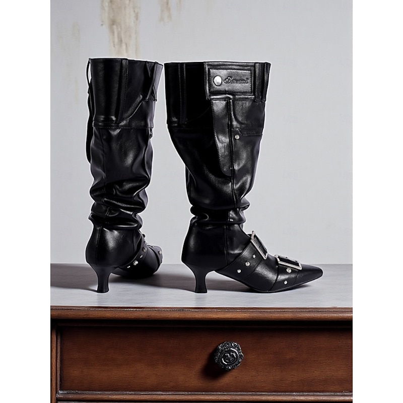 Women's Kitten Heel Mid Calf Boots with Extra Wide Shaft and Buckle Strap Detailing, Urban Fashion Style Comfortable Footwear for Women's Trendy City Outfits