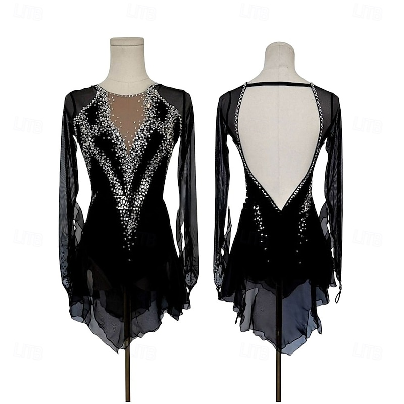 Figure Skating Dress Women's Girls' Ice Skating Dress Black Patchwork Thumbhole Mesh Spandex High Elasticity Training Competition Skating Wear Classic Crystal / Rhinestone Long Sleeve Ice Skating