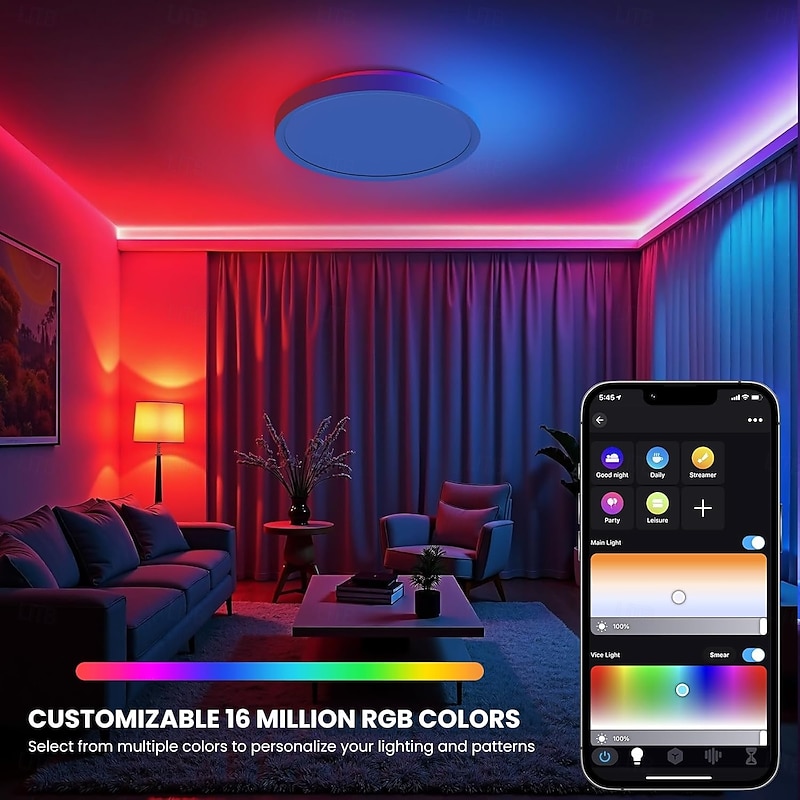 Smart RGB Ceiling Light LED 2700LM Works with Alexa 2700K-6500K Flush Mount Light Fixture DIY Colors WiFi Dimmable Low Profile Ambient Light Fixture for Bedroom Living Room Party2