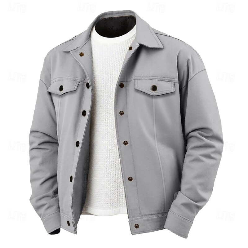 Men's Lightweight Jacket Shirt Jacket Formal Home Portable Button Front Spring Fall Winter Solid Color Active Vintage Turndown Regular Black White Brown Light Grey Jacket2