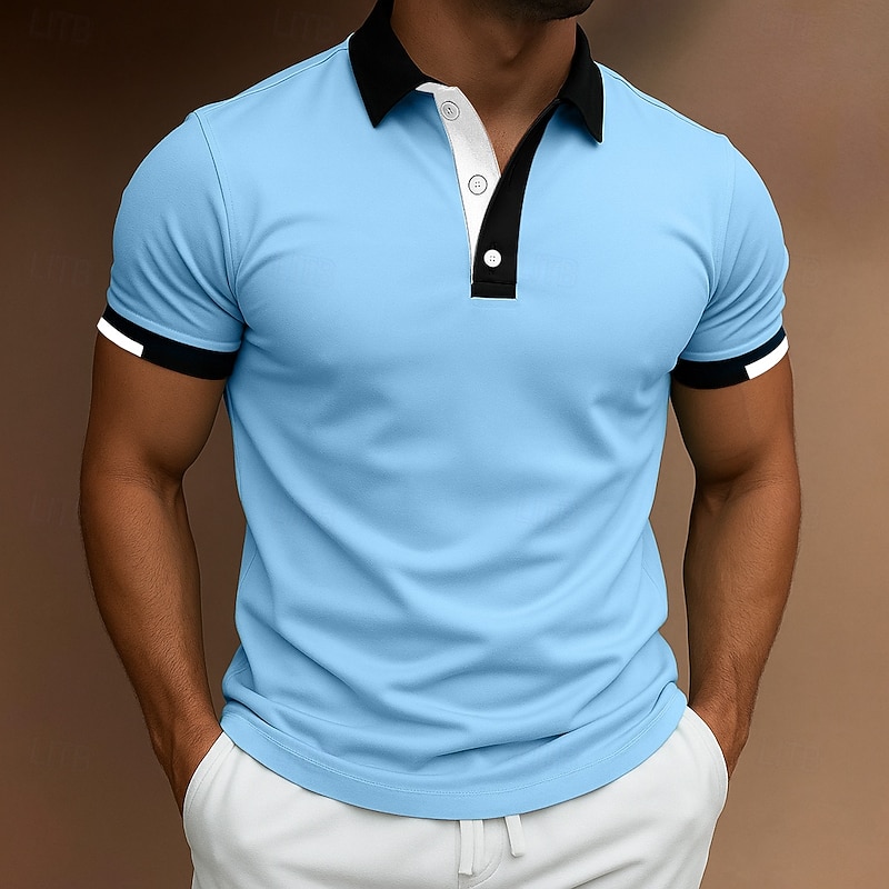 Men's Sports Polo Shirts Golf Shirt Casual Ribbed Polo Collar Short Sleeve Fashion Basic Solid Color Patchwork Summer Spring Slim Fit Black Blue Green Red Sports Polo Shirts