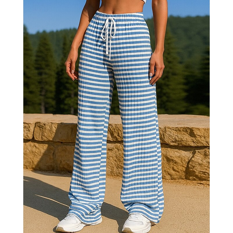 Women's Sports Lounge Pants Casual Straight Leg Pants Drawstring High Waist Bottoms Athleisure Gym Workout Fall Lightweight Gym Workout Outdoor Running Loose Fit Sportswear Activewear Stripes Black4