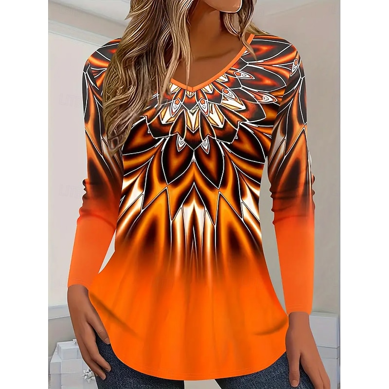 Women's T Shirt Ombre Graphic Abstract Vintage Stylish Classic Long Sleeve V Neck Regular Tops Daily Print Red Blue Orange Gray Spring Fall
