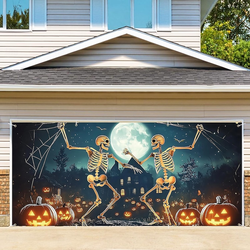 Halloween Tapestry Garage Door Cover Large Hanging Backdrop Skeleton Moon Funny Fantasy Psychedelic Party Outdoor Shooting Backgrounds Front Door Home Decor2