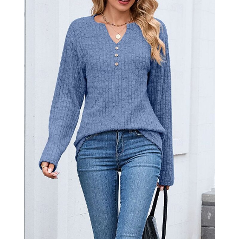 Women's Texture Blouse T Shirt Plain Casual Long Sleeve V Neck Regular Tops Daily Weekend Buttons Black Wine Royal Blue Blue Khaki Fall4