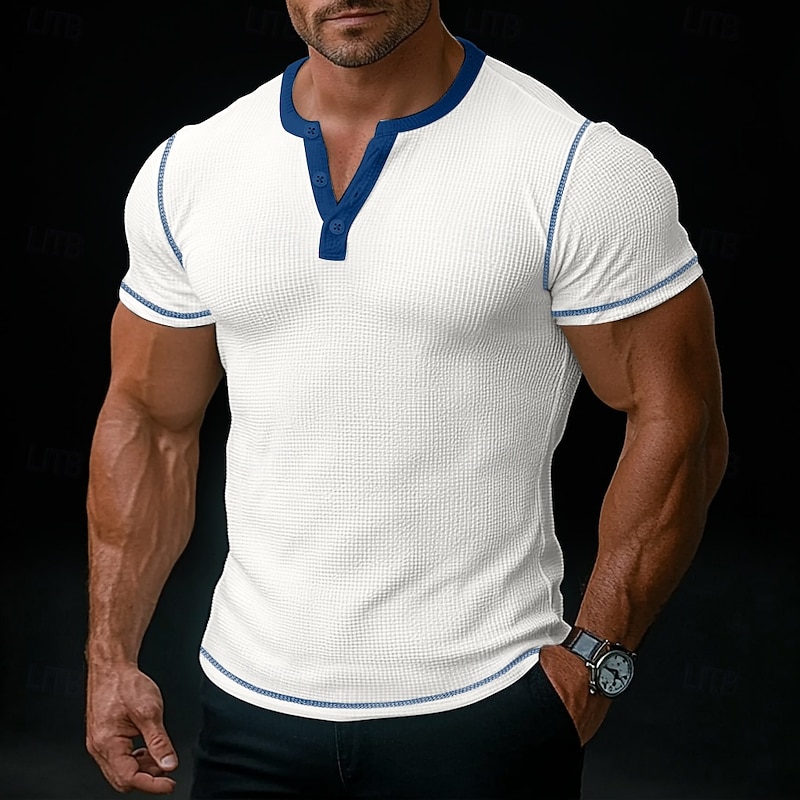 Men's Waffle Henley Shirt Tee Short Sleeve Henley Summer All Seasons Solid Color Fashion Designer Casual Patchwork Buttons Outdoor Casual Daily White Blue Yellow Top Tee for Men4