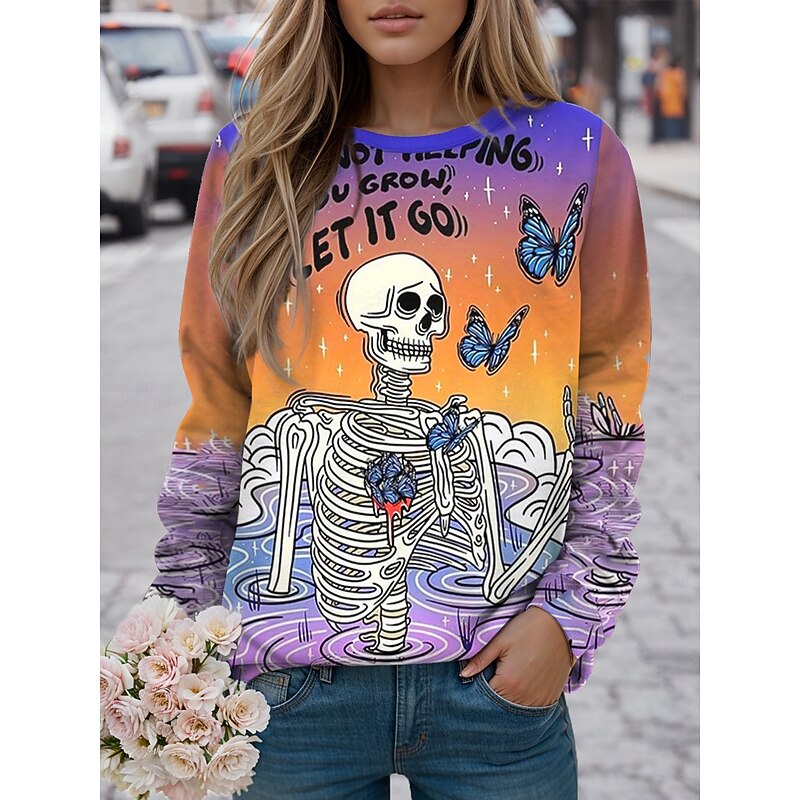 Halloween Women's Sweatshirts Skulls Graphic Casual Long Sleeve Crew Neck Regular Tops Street Casual Holiday Print Black Red Blue Purple Spring Fall Winter2