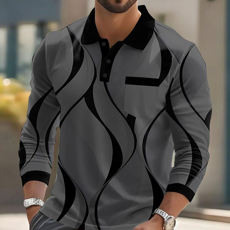 Men's Geometric Line Polo Long Sleeve Polo Shirts Lapel Business Casual Athleisure Daily Wear Pocket 3D Print Buttons Spring Fall White Blue Purple4