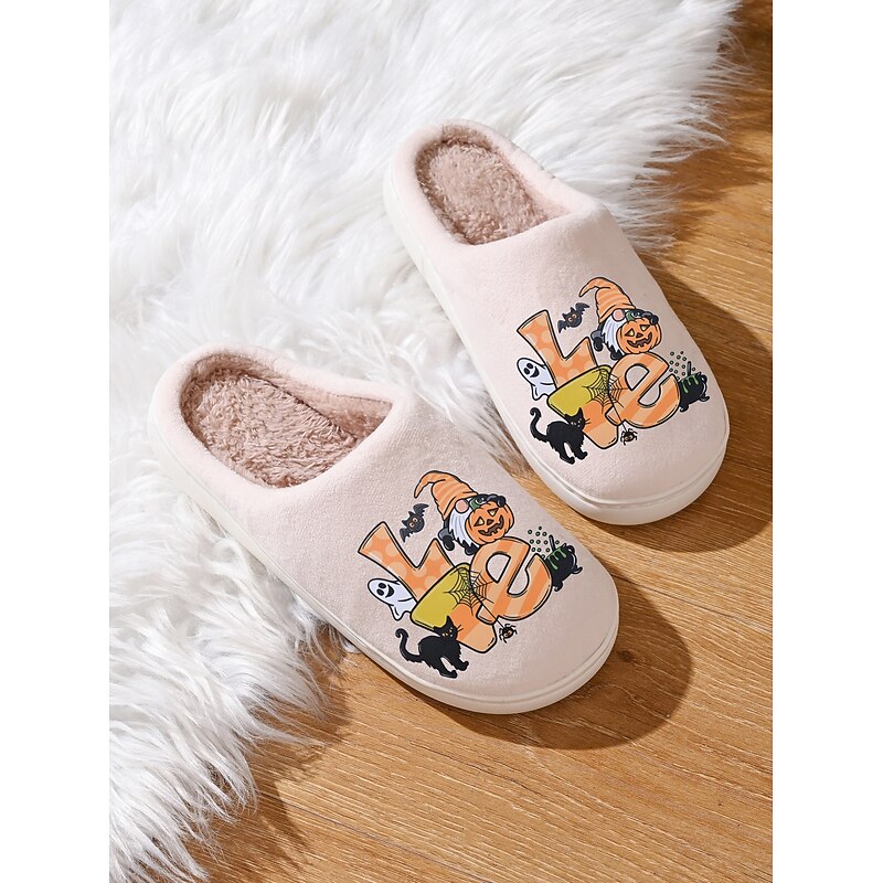 Women's Halloween Indoor Slippers – Cozy Fleece-Lined House Shoes with Cute Witch & Ghost Print, Soft Non-Slip Warm Flats for Autumn Home Wear & Holiday Gifts4
