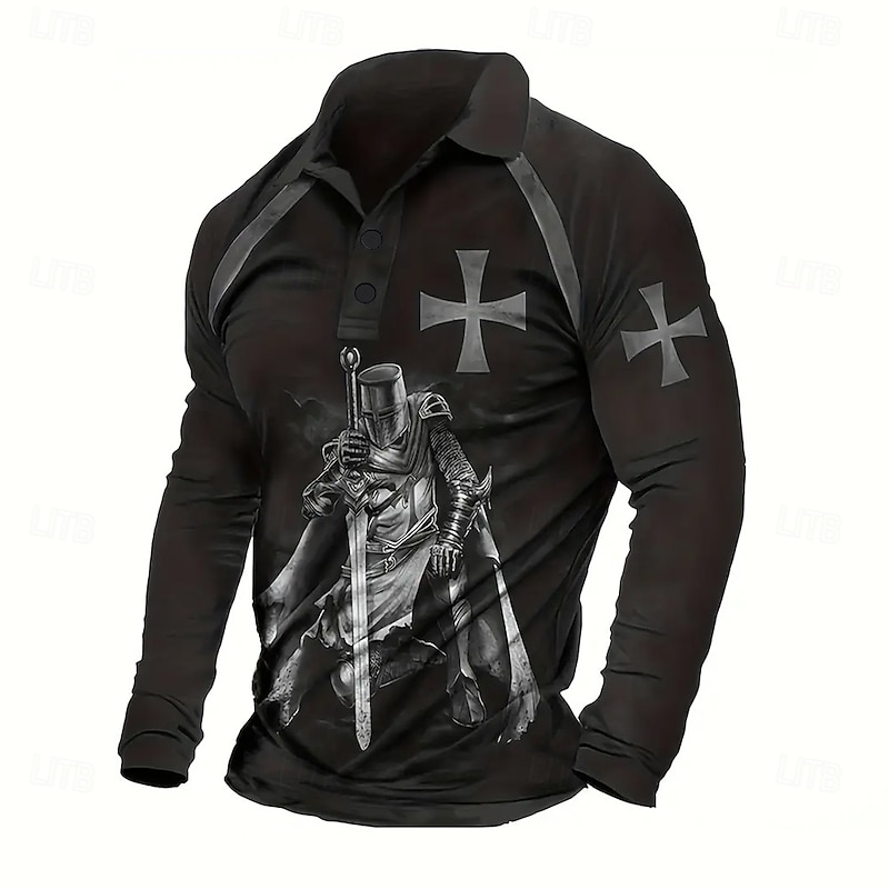 Men's Human Polo Long Sleeve Polo Shirts Lapel Vintage Casual Outdoor Street Daily Wear 3D Print Buttons Spring Fall Winter Black