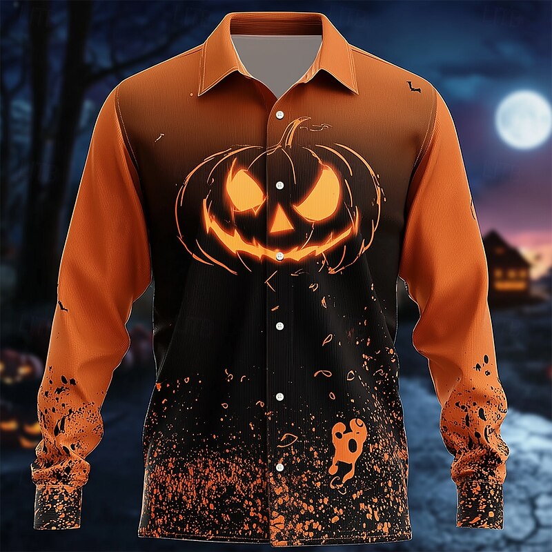 Halloween Men's Pumpkin Halloween Costumes Jack-o'-lantern Shirt Button Up Shirt Long Sleeve Dark Gothic Style Outdoor Holiday Summer Spring Turndown 3D Print Collared Shirts Black / Orange Orange