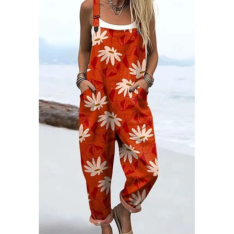 Women's Dungarees Active Floral Sleeveless Sleeveless Straight Square Neck Pocket with Pocket Vacation Daily Loose Fit Red Blue Green Summer3