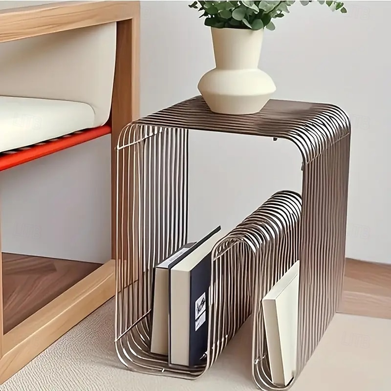 Integrated Sofa Corner Table Small Square Metal Silver Edge Table Geometric Pattern Bookshelf Magazine Rack Wall Mounted Living Room Storage Rack Multifunctional Modern Coffee Table Suitable for Sofas